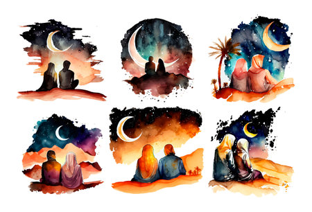 set vector watercolor illustration of muslim couple in desert looking at crescentのイラスト素材