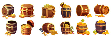 set vector illustration of heap of money in barrel isolated on white backgroundのイラスト素材