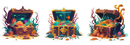 set vector treasure chest on ocean bottom illustration of ui interface icons isolated on white...