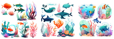 set vector sealife fish watercolor illustration isolated on white backgroundのイラスト素材