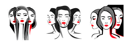 set vector line illustration of woman with many split personality isolated on white backgroundのイラスト素材