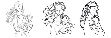 set vector line illustration of woman with kid isolated on white backgroundのイラスト素材