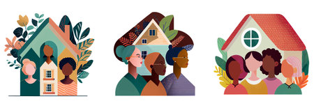 set vector illustration of family portrain ancestors near house isolatedのイラスト素材