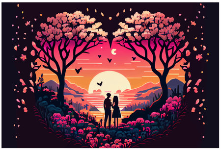 sticker cartoon style couple in love at heart frame at sunset backgroundのイラスト素材