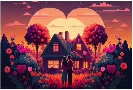 sticker cartoon style couple in love at heart frame at sunset backgroundのイラスト素材
