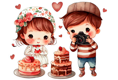 watercolor cartoon style couple in love with cake isolated on white background . Cartoons flat vector illustrationのイラスト素材