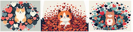 horizontal set of cartoon cat with hearts isolated on white background . Cartoons style flat vector illustrationのイラスト素材