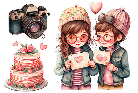 watercolor cartoon style couple in love with cake isolated on white background. Cartoons flat vector illustrationのイラスト素材