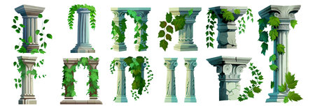 set vector illustration of antic arch with green leaves and plant isolate on whiteのイラスト素材