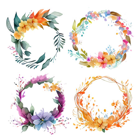 set vector illustration watercolor flowers wreath in empty space frame isolate with Ñopyspaceのイラスト素材