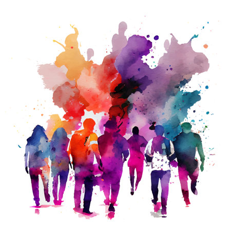 vector watercolor illustration of happy people dancing on holi dust in Indiaのイラスト素材