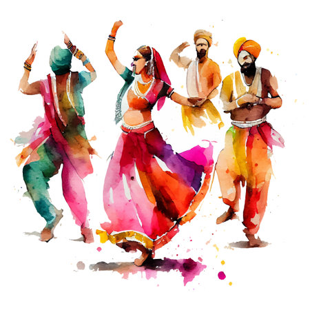 vector watercolor illustration of happy people dancing on holi dust in Indiaのイラスト素材