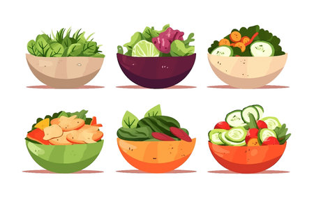set vector illustration of salad bowl with appetizing filling isolate on whiteのイラスト素材
