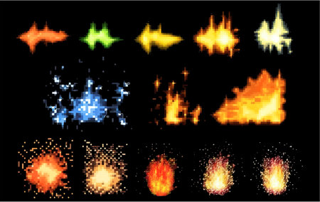 set vector pixel illustration of flash glow isolate on black backgroundのイラスト素材