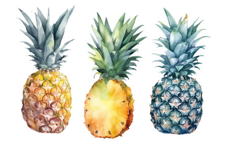 set vector waterolor illustration of ripe pineapple isolated on white backgroundのイラスト素材
