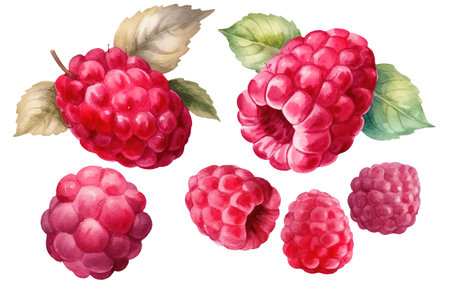 set vector watercolor illustration of ripe red raspberries isolated on white backgroundのイラスト素材