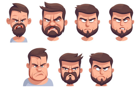 ui set vector illustration of a set of male face expression unhappy emotions isolated on white backgroundのイラスト素材