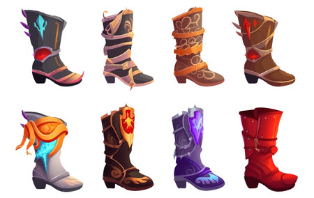 ui set vector illustration of a set of boots and combat items of a knight isolated on white backgroundのイラスト素材
