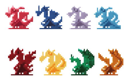 set vector pixel illustration of colorful magic cute dragons isolate on white backgroundのイラスト素材