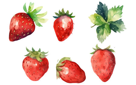 set vector watercolor illustration of ripe strawberry isolated on white backgroundのイラスト素材