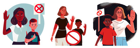 set vector illustration of woman and kid protest against violence isolated on white backgroundのイラスト素材