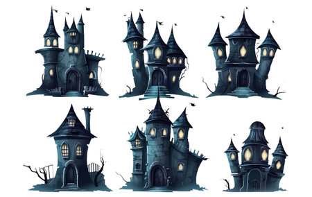 set vector illustration of magic castle halloween concept isolated on white backgroundのイラスト素材