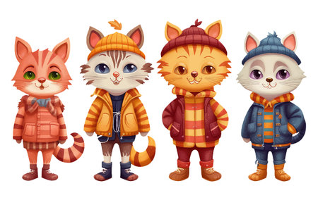 set vector illustration of cute cat wear casual autumn outfit elements isolated on white backgroundのイラスト素材