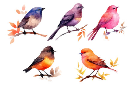 watercolor set vector illustraton of bird on a branch isolated on white backgroundのイラスト素材