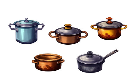 set vector illustration of cooking fry pan and saucepan isolated on white backgroundのイラスト素材