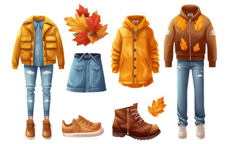 set vector illustration of casual autumn outfit elements isolated on white baclgroundのイラスト素材