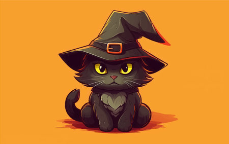 Cute black cat in a witch hat sitting on orange pumpkinのイラスト素材