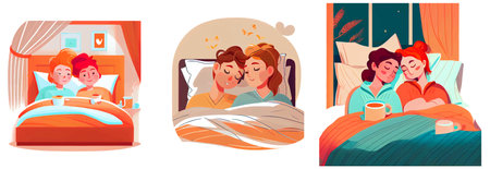 set vector illustration of couple in love in bed lgbt pride concept isolate on white backgroundのイラスト素材