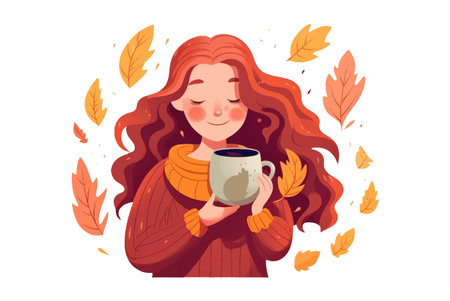 ui set vector illustration of woman with autumn beverage cup isolate on white backgroundのイラスト素材