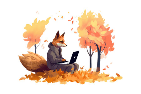 ui set vector illustration of fox sitting with laptop in autumn forest isolate on white backgroundのイラスト素材