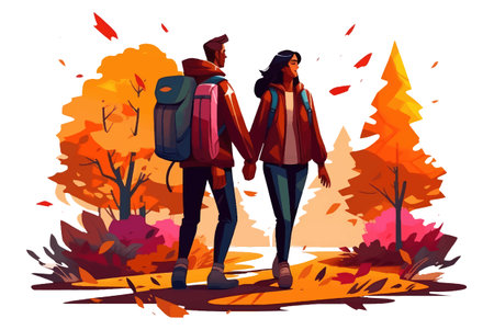 ui set vector illustration of couple in love walking in autumn park isolate on white backgroundのイラスト素材