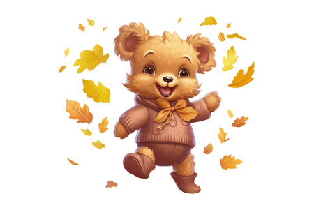 cute teddy bear walks with autumn leaves on a white backgroundのイラスト素材