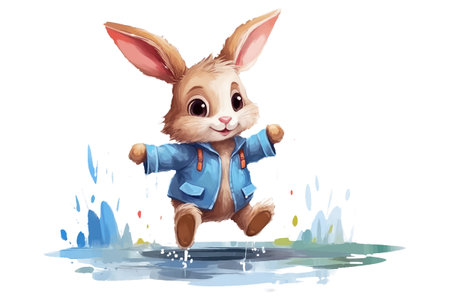 Cute hare walks in the autumn rainのイラスト素材