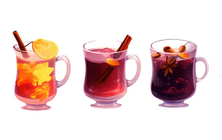 set vector illustration of mulled wine with glass and ingredients cinnamon stick isolated on white backgroundのイラスト素材
