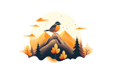 mountain autumn forest with landscape background bird in flat color for iconのイラスト素材