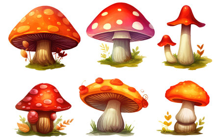 set vector illustration of forest red amanita isolated on white baclground cones acornsのイラスト素材