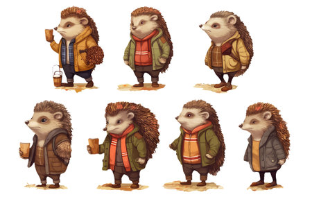 watercolor set vector illustration of hedgehog in casual autumn outfit elements isolated on white baclgroundのイラスト素材