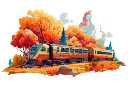 ui vector illustration of train in autumn forest isolate on white background