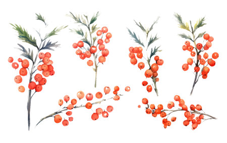 watercolor set vector illustration autumn rowan bouquet elements isolated on white backgroundのイラスト素材