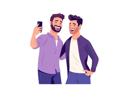 Vector depiction of two lovers capturing a selfie moment in a playful cartoon style.のイラスト素材