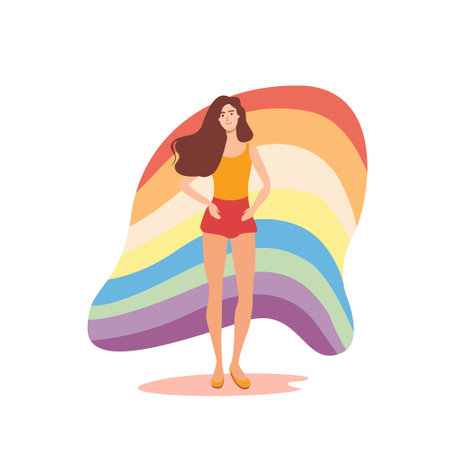 A woman stands in front of a rainbow, with her arms crossedのイラスト素材