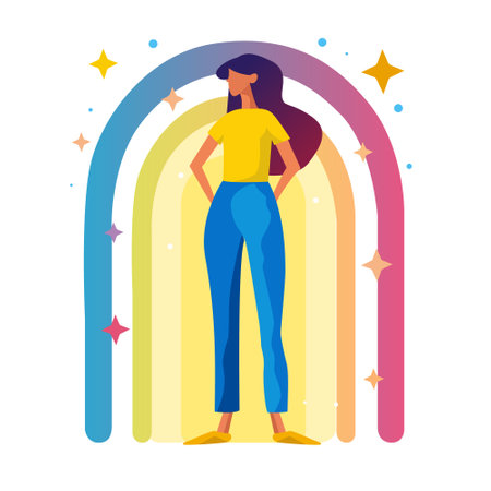 A woman stands in front of a rainbow, with a bright yellow shirt and blue jeansのイラスト素材