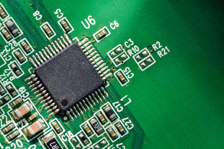 Selective Focus, macro photography, extreme close-up of an integrated electronic circuit, microchip...