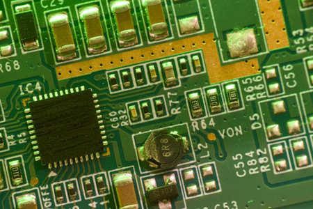 Selective Focus, macro photography, extreme close-up of an integrated electronic circuit, microchip