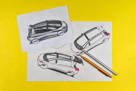 Car design sketches and pencils on yellow paper backgroundの写真素材