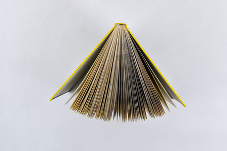 View on open book directly above on white background